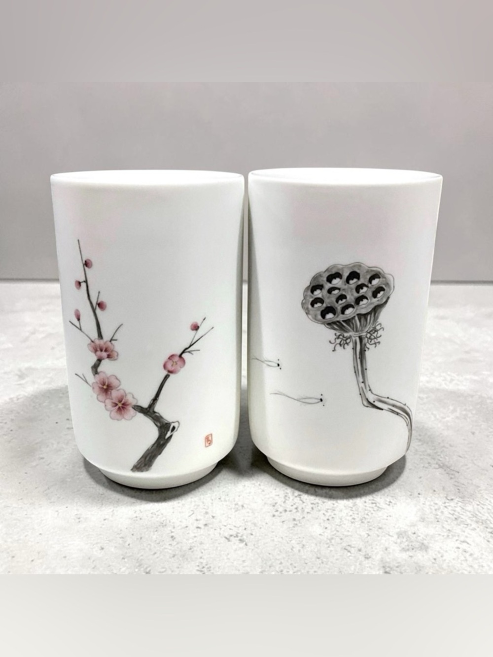 Set Of Two Japanese Tea Cups No Handles White, Cherry Blossom & Lotus Seed Pod